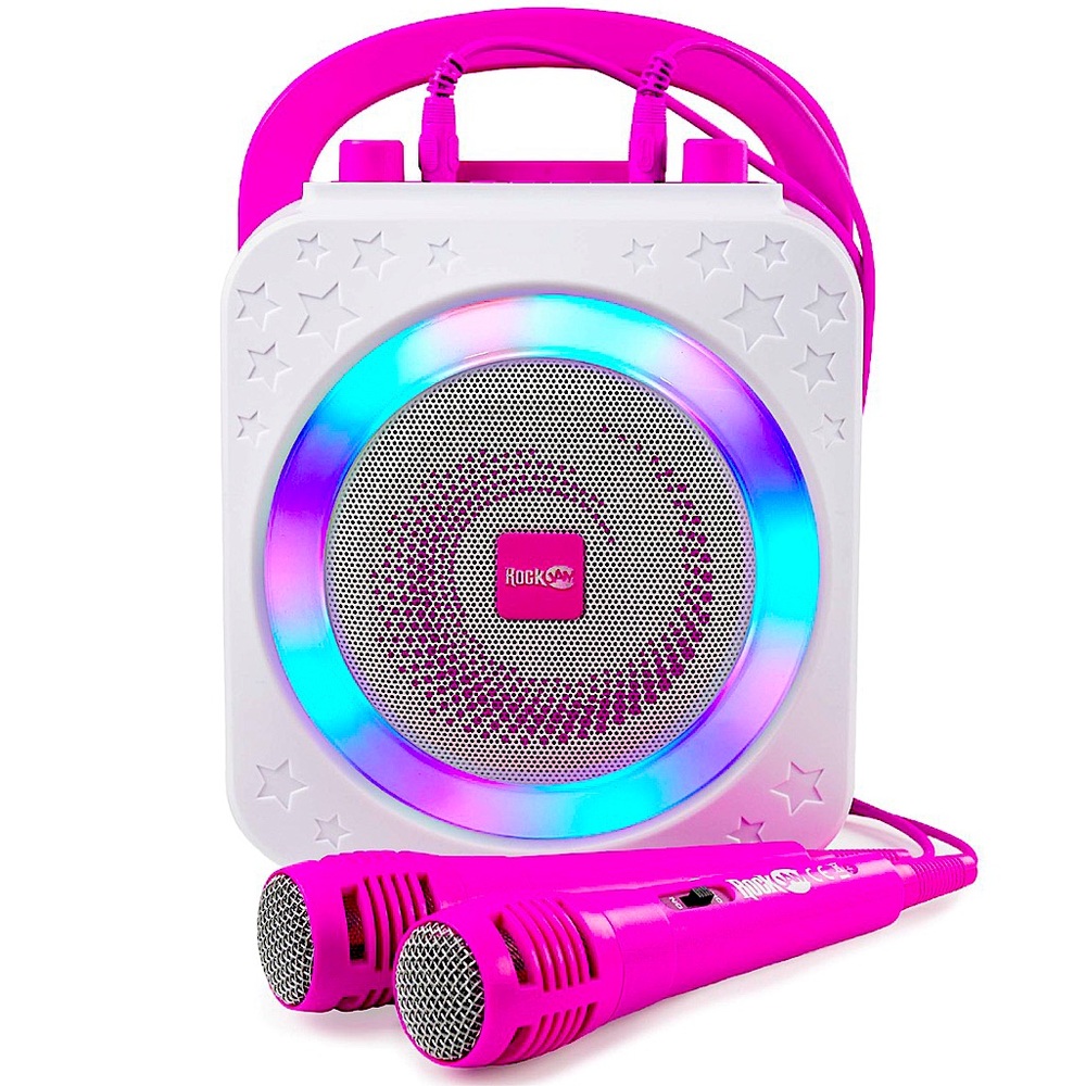 NWT Pink Bluetooth‎ Karaoke Machine w/ 2 Microphones, Lights & Voice Effects